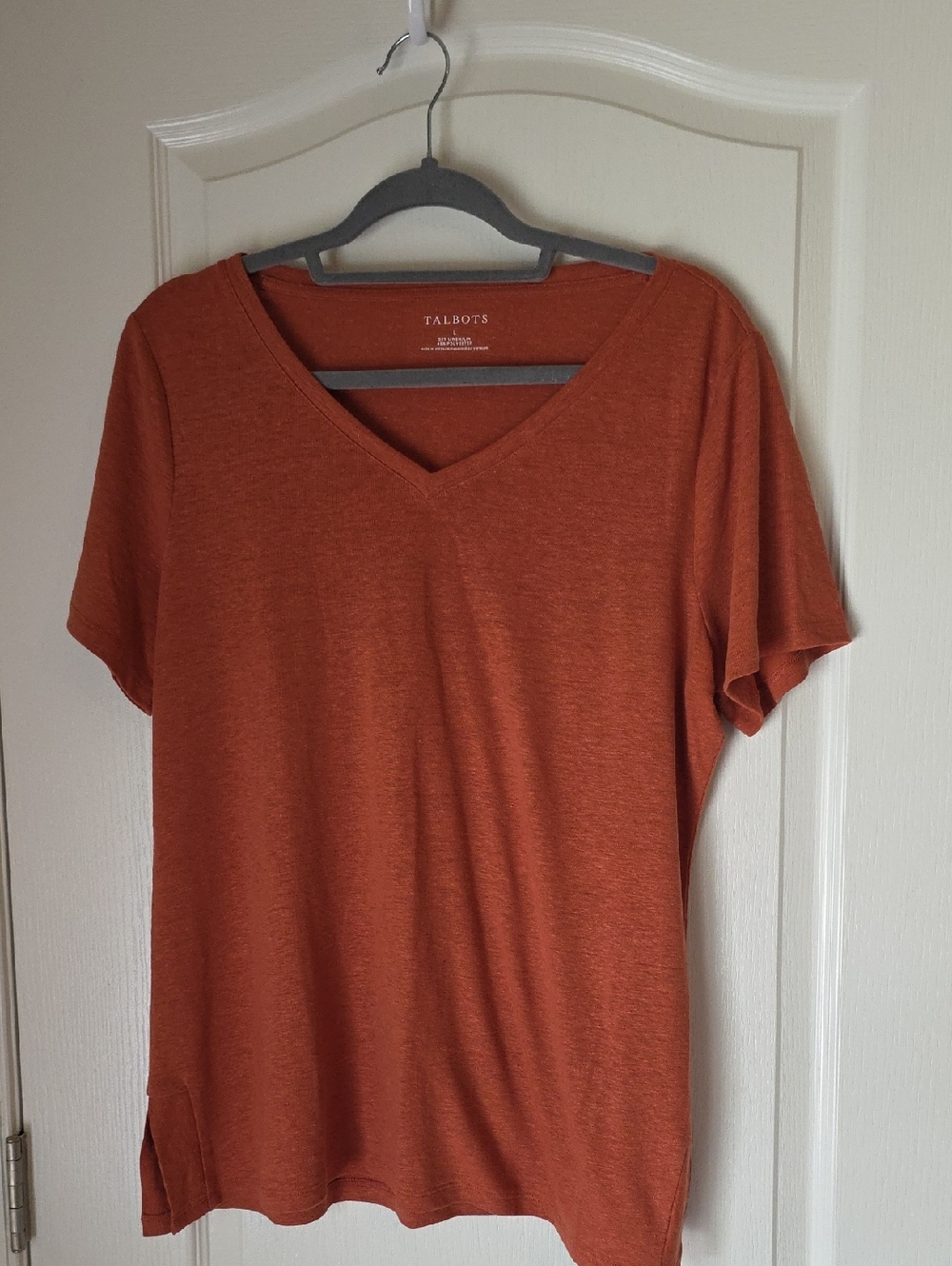 Talbots Women's V-Neck Short Sleeve Top - Rust Orange Linen Blend
